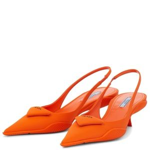 Authentic PRADA Logo-Plaque Nylon-Gabardine Slingback Pumps (Orange/size: 39.5)